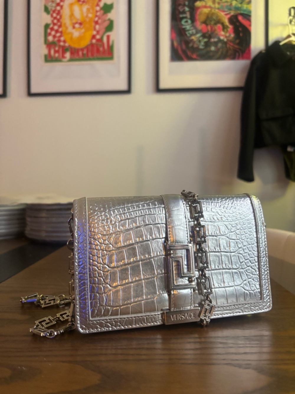 Versace Silver Leather Crossbody Bag with Signature Chain